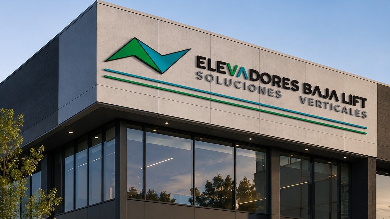 Edificio corporativo de Elevadores Baja Lift en Tijuana, con el logotipo de la empresa en la fachada.