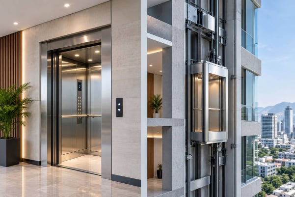 Elevador sin cuarto de máquinas con la máquina alojada dentro del cubo